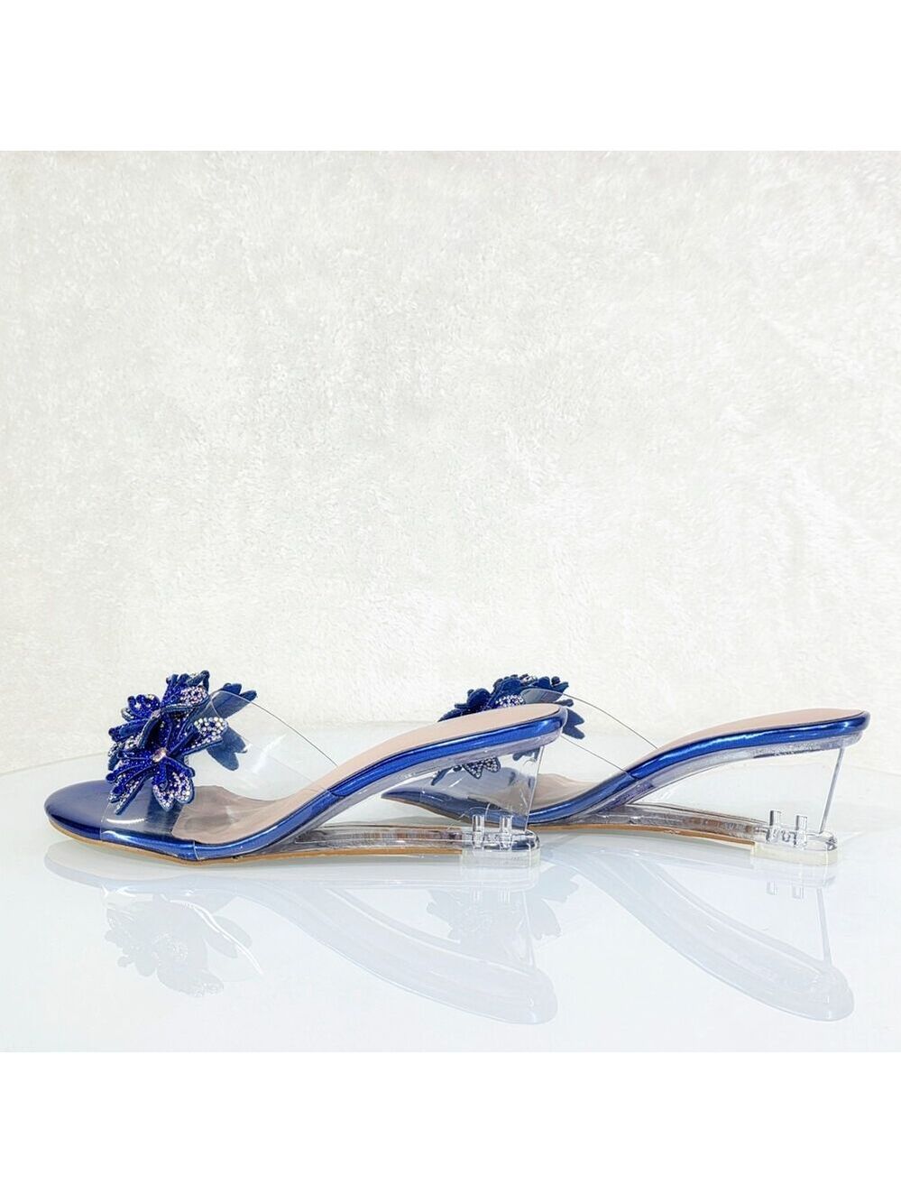NIB NIB Eva Rhinestone Flower Blue Slip On 2.5" Wedge Heel Casual Party Shoes - Picture 3 of 11